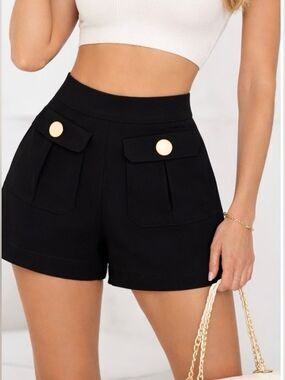 STUDIO F High-Rise Black Pocket Shorts with Gold Button Detail
